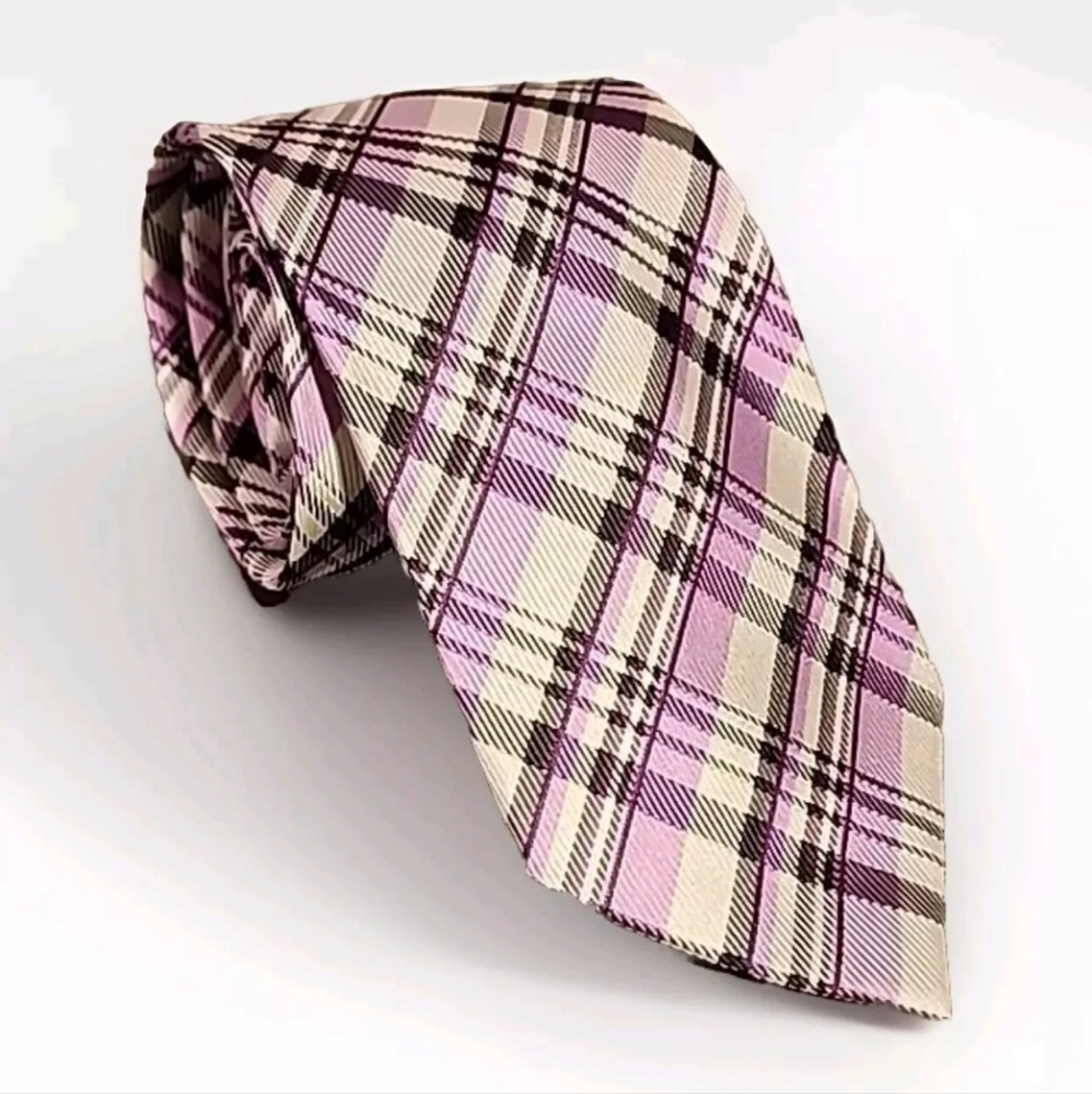 Lucci Men's Silk Tie , Pink White Plaid